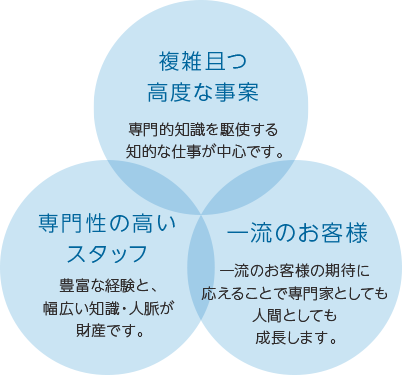 複雑かつ高度な事案／専門性の高いスタッフ／一流のお客様